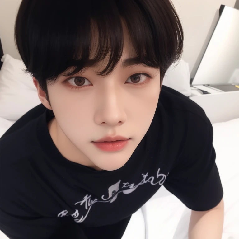 there is a man who is lying on a bed, Kim Doyoung, Jimin, Jimin\the right eyelid is swollen, Jimin\o nariz grego, Jimin\the full lips, accurate Jimin face, park Jimin, Jung Jaehyun, fotografia selfie 8k, adorable and pale korean face, hyung tae, taejune kim, Jinyoung Shin, pintar ulzzang