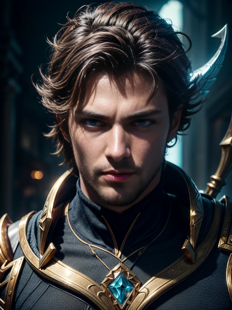 ((best quality)), ((masterpiece)), (detailed), high resolution, closeup portrait, A man, handsome and attractive,blue eyes,,greek god, fantasy, League of Legends style, beautiful figure painting, bright light, amazing composition, Front view, human development report, Volumetric lighting, super quality, elegant, highly detailed