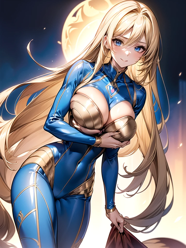((masterpiece)), ((high quality)), ((super detailed)), ((high resolution)), ((8k)), a beautiful woman, ((She is one of the most famous actress in Japan.)), unparalleled beauty, ((large breast:1.6)), ((large ass)), ((deep cleavage)), slim waist, chest out, ultra detailed face, perfect skin, (((waist length hair, ((long straight golden hair)), crossed bangs))), blue eyes, detailed eyes, whole body image, sexy, an inviting smile, sensual, (((anime))), ((glamorous)), sexual attraction, 23 years old, ((incredibly beautiful woman)), ((The H cup bust)), ((neat and clean.)) , (((Power Ranger, female commander))), heroine, (((high leg leotard power suit, white line on blue colored power suit:1.4, Reinforced power suit))), ((beautiful breasts)), beautiful legs, 8 life size, anime:1.4, wet, the most beautiful and strongest, ((charm)), ((british beauty)),