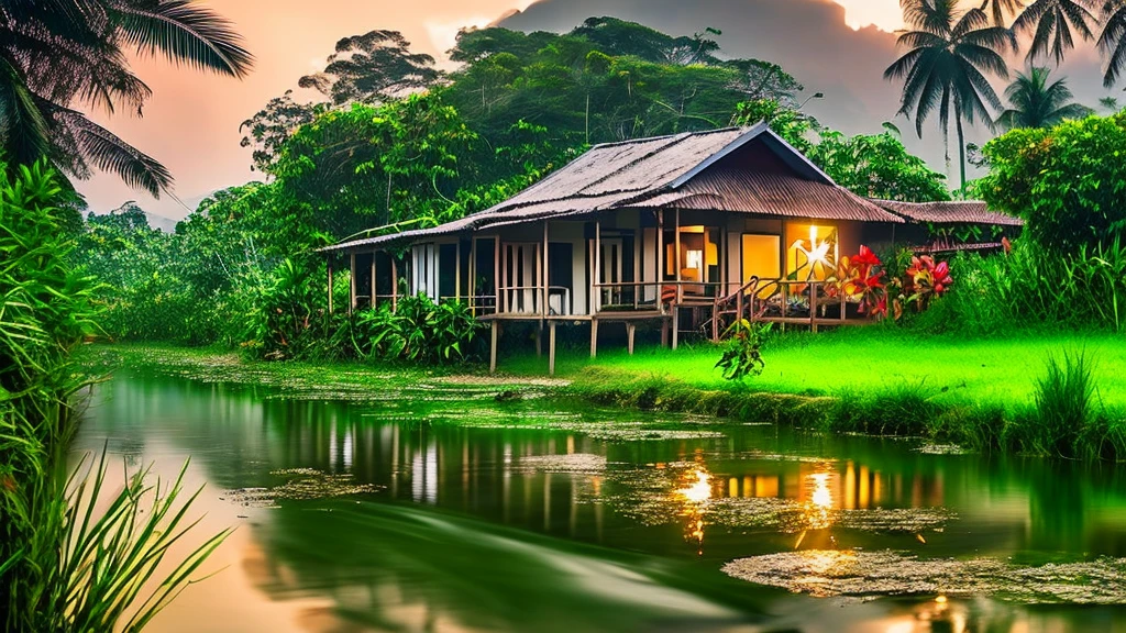 A close-up image of a cozy malay village house by the stream and paddy fields view at dawn with birds and dews, nature photography, light bokeh, soft lighting