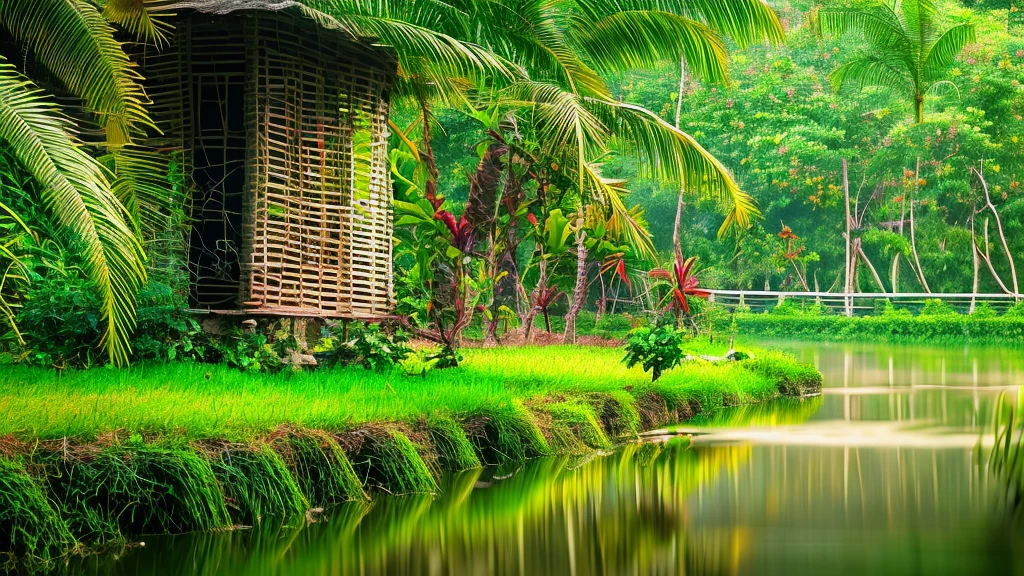 A close-up image of a cozy malay village house by the stream and paddy fields view at dawn with birds and dews, nature photography, light bokeh, soft lighting