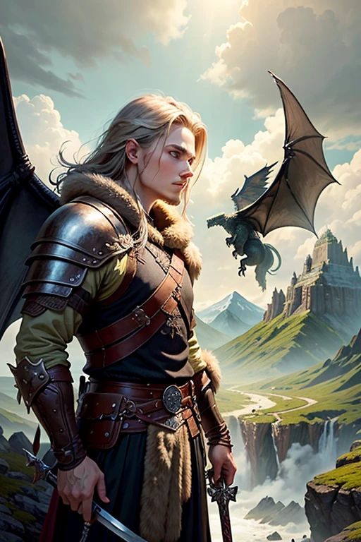 A young Viking warrior and his pet dragon., mountain observing the enemy terrain, The 18 year old boy is holding a sword and the oversized dragon with wings is behind him., detalles intrincados, Fantasy Art, Asombroso, arte premiado.