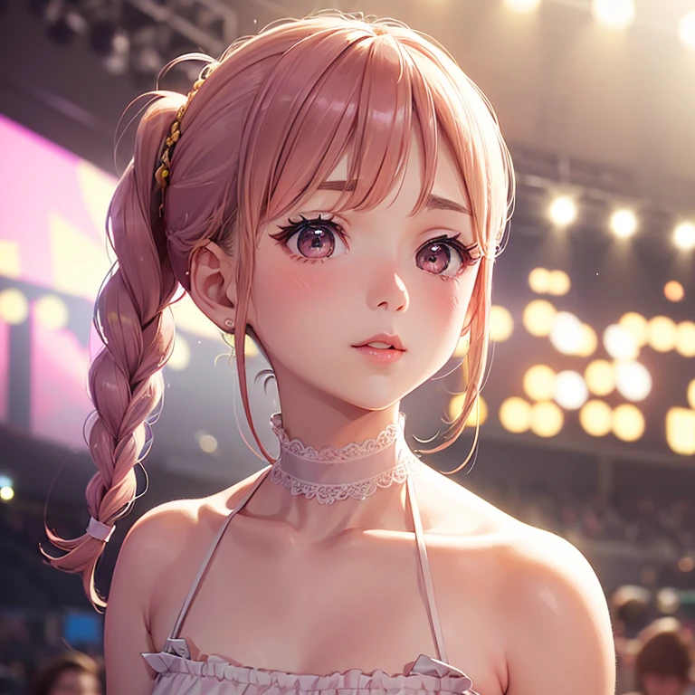 During a big concert, idol (soft attractive beautiful, Delicate clavicle, oval face, Double eyelids, intelligent peach blossom eyes, Pink lips, small nose), unforeseen incident. Surprisingly, Aiko Tanaka (a simple girl with braided hair), who had stepped aside to respect the idol's limits, courageously intervened to resolve the situation.