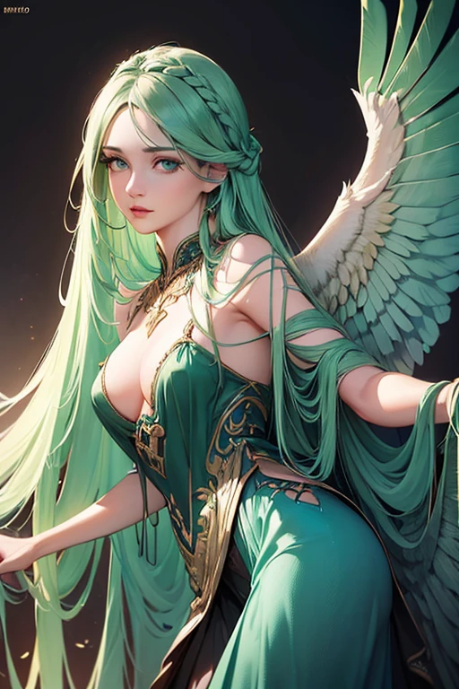 (best quality,ultra-detailed,realistic:1.37),portrait,detailed bird-like wings,detailed bird-like legs,long green hair,beautiful blue eyes,detailed lips,mysterious atmosphere,dark clothing, braid a hair, roupa ladino, manto cobrindo ela, sexy