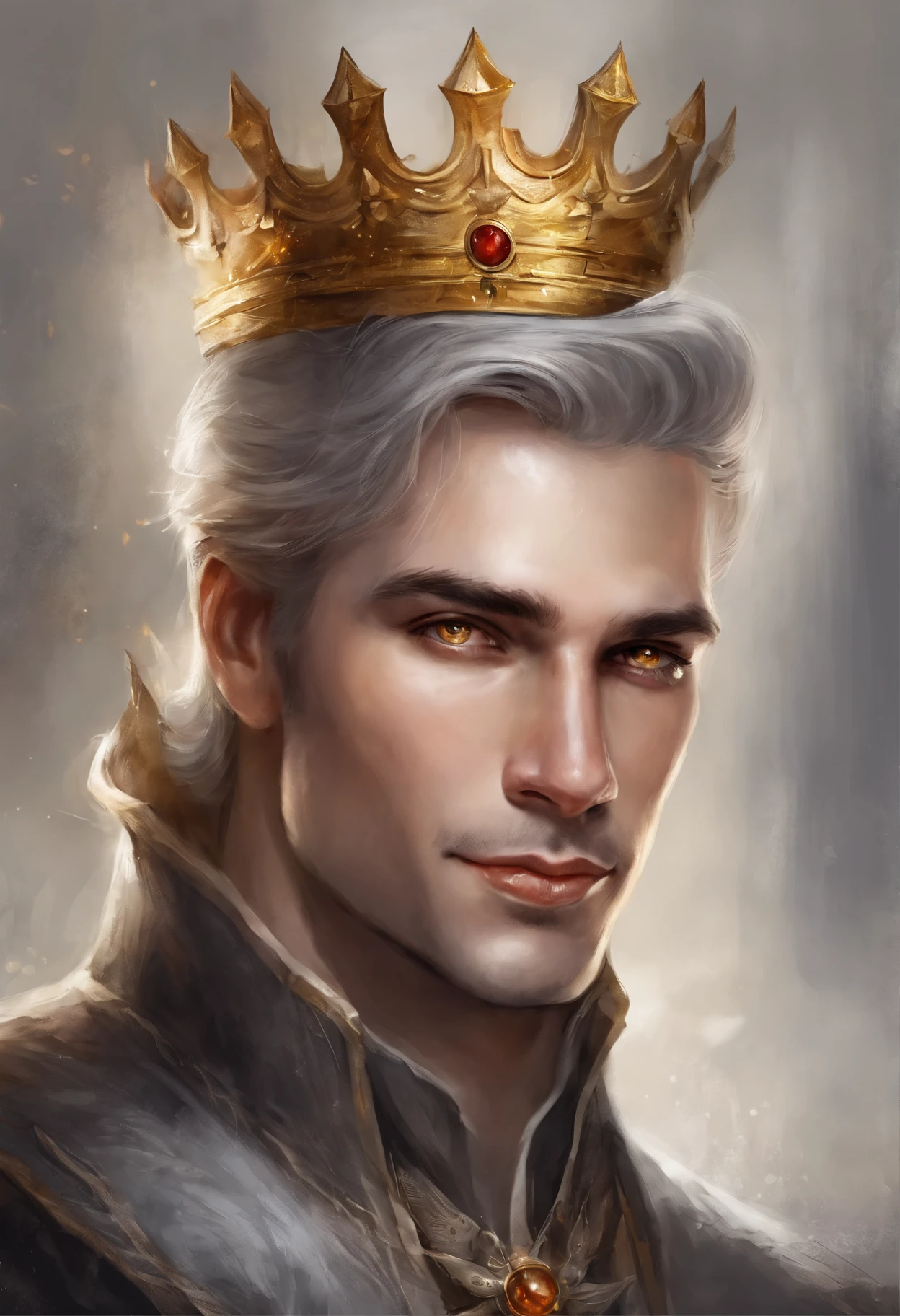 Close-up of a young man with amber yellow eyes, with a crown on his head, 15 years, prince, fire mage, fantasy art gentle smile man, work in Guweiz style, wears light gray hairstyle, Портрет волшебного белокурого princeа, wear a light gray crown, нежный андрогинный prince, fanart best art station, прекрасный андрогинный prince, Artistic portrait of a character, fantasy male portrait, Portrait of Rossrisov