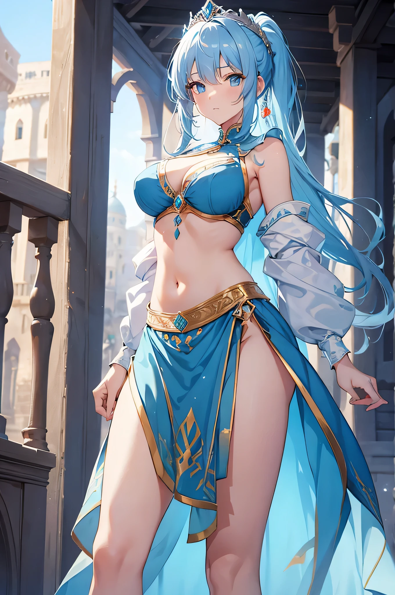 4K,High resolution,one woman,light blue hair,long ponytail,bright blue eyes,big breasts,Brave,Arab princess,white arabic dancer clothes,princess tiara,Jewelry Decoration,Navel exposure,sword,medieval town