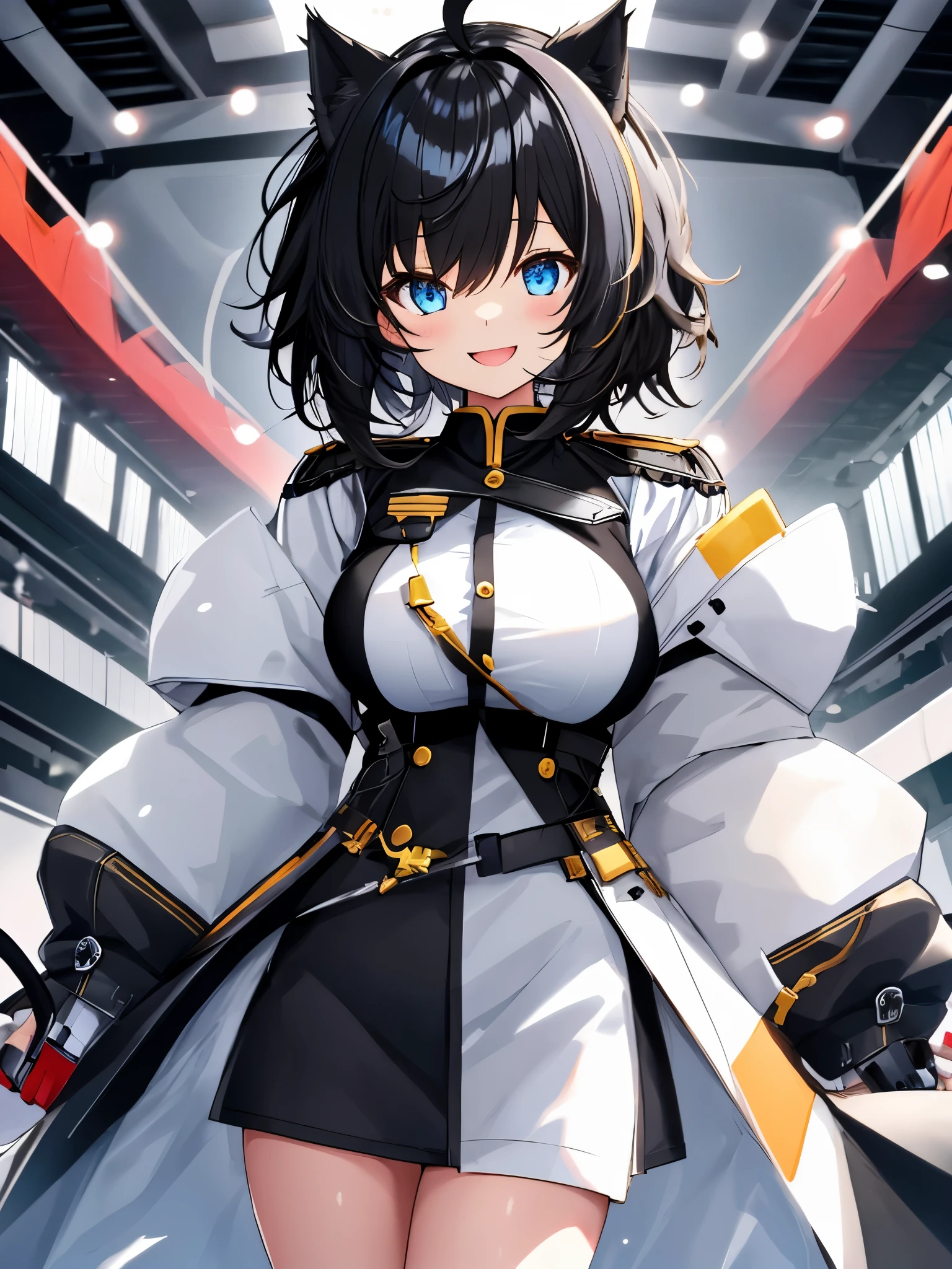 on lap,((((upright)))), ((((stand up)))), looking at the viewer, simple background、white background, 1 girl, open your mouth, smile, Virtual YouTuber、with a girl、((highest quality, expensive_solve, clear_image)),(black hair), (black cat ears), (Ahoge), (ridiculously short hair), (wavy hair), (blue eyes),、laughter、very big breasts、((concept art))、((front))、wearing a black captain&#39;s uniform。