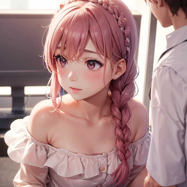 During a big concert, idol (soft attractive beautiful, Delicate clavicle, oval face, Double eyelids, intelligent peach blossom eyes, Pink lips, small nose), unforeseen incident. Surprisingly, Aiko Tanaka (a simple girl with braided hair), who had stepped aside to respect the idol's limits, courageously intervened to resolve the situation.