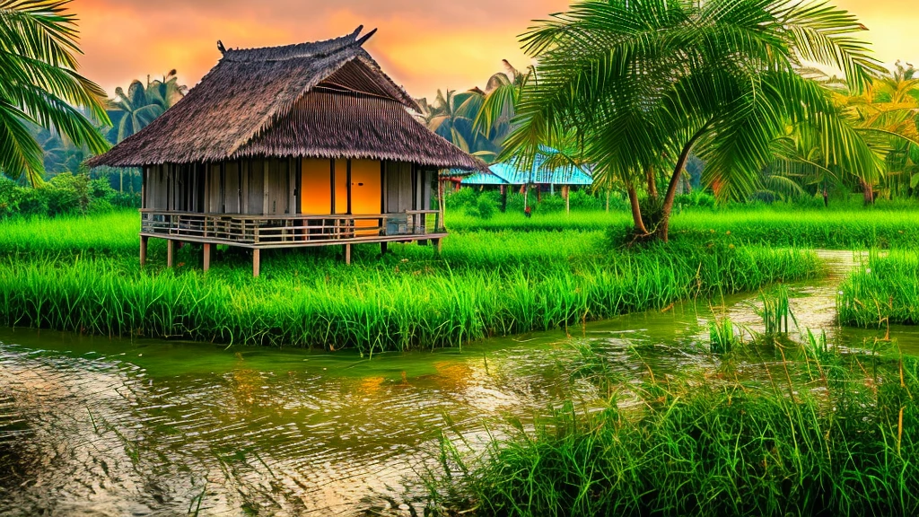 A close-up image of a malay village house by the stream and paddy fields view at dawn with birds and dews, sunrise, nature photography, light bokeh, soft lighting