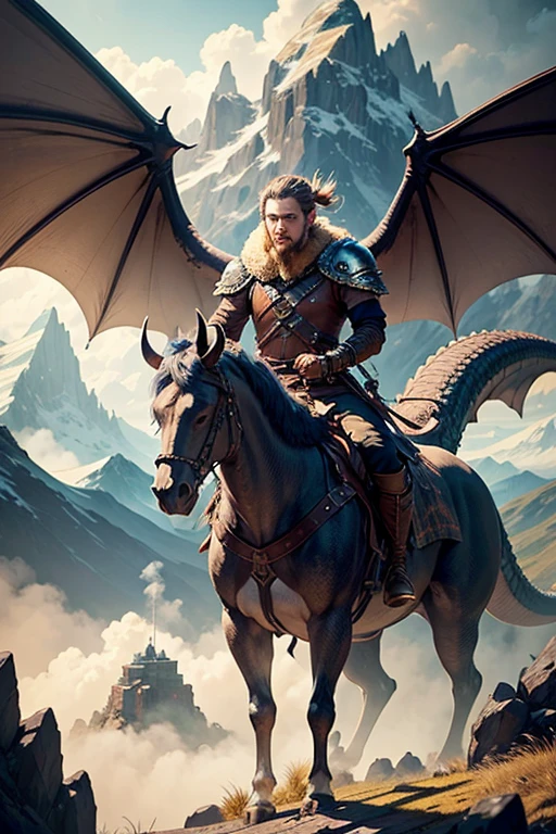 A young Viking warrior and his pet dragon., mountain observing the enemy terrain, The 18 year old boy is holding a sword and the oversized dragon with wings is behind him., detalles intrincados, Fantasy Art, Asombroso, arte premiado.