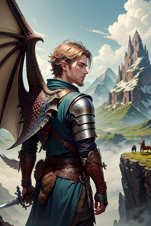 A young Viking warrior and his pet dragon., mountain observing the enemy terrain, The 18 year old boy is holding a sword and the oversized dragon with wings is behind him., detalles intrincados, Fantasy Art, Asombroso, arte premiado.