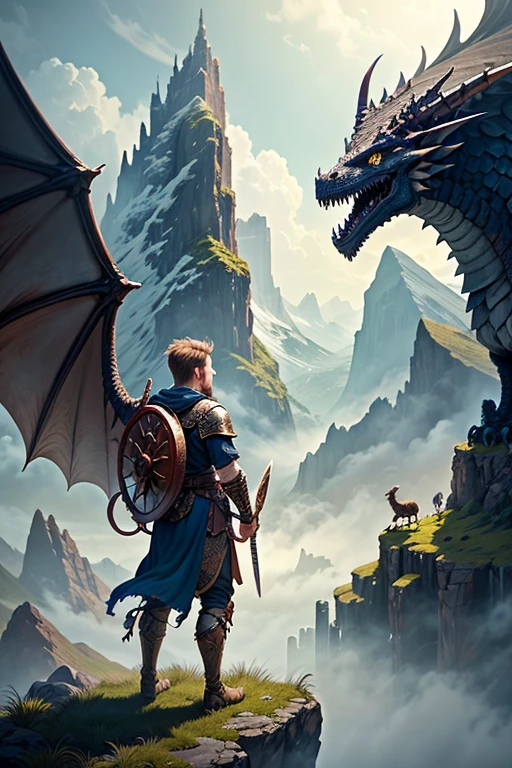 A young Viking warrior and his pet dragon., mountain observing the enemy terrain, The 18 year old boy is holding a sword and the oversized dragon with wings is behind him., detalles intrincados, Fantasy Art, Asombroso, arte premiado.
