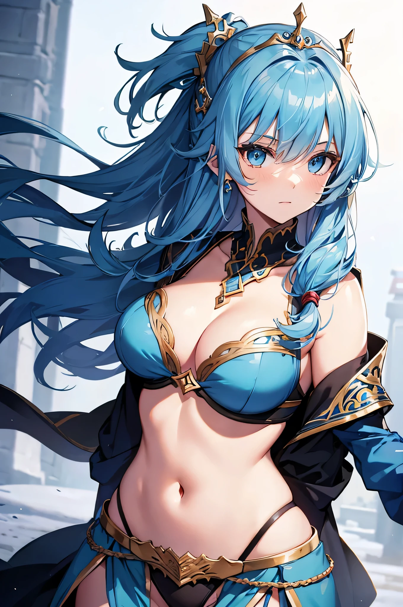 4K,High resolution,one woman,light blue hair,long ponytail,bright blue eyes,big breasts,Brave,Arab princess,white arabic dancer clothes,princess tiara,Jewelry Decoration,Navel exposure,sword,medieval town