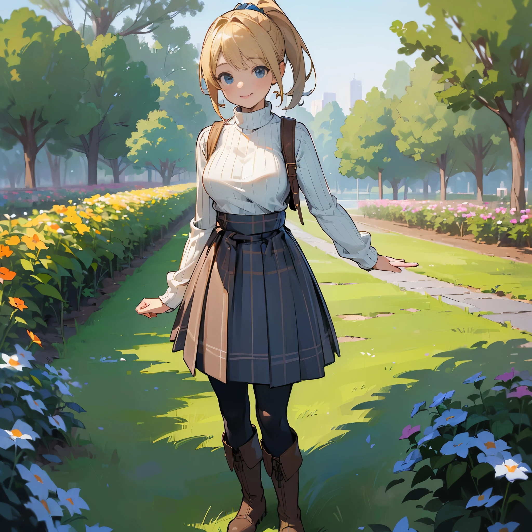 (high quality, high resolution, Super detailed, Reality:1.37), peaceful atmosphere, (outdoor, garden), girl standing alone, (My breasts are big.), Beautiful detailed features, cute smile, (Blonde ponytail), ribbed sweater, blue plaid skirt, Black tights, brown boots.