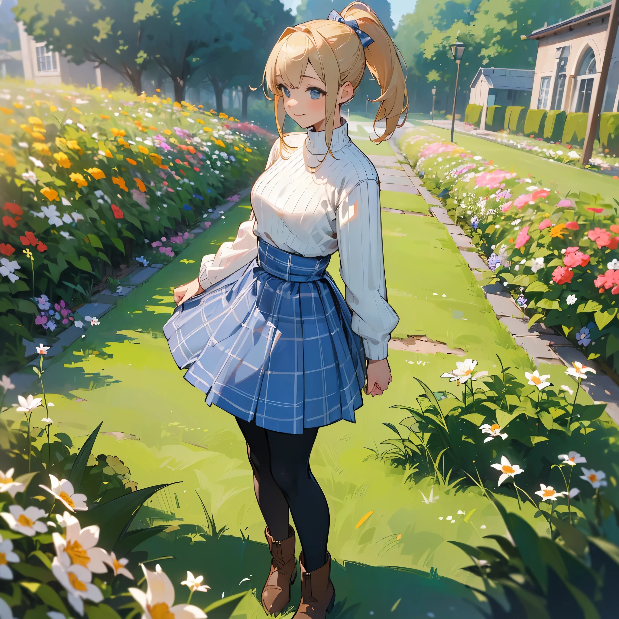 (high quality, high resolution, Super detailed, Reality:1.37), peaceful atmosphere, (outdoor, garden),  girl standing alone, (My breasts are big.), Beautiful detailed features, cute smile, (Blonde ponytail), ribbed sweater, blue plaid skirt, Black tights, brown boots.