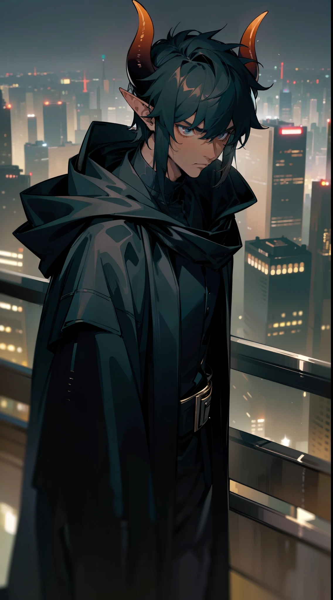 Masterpiece,best quality,hd,4k,waist-up view,close-up(1boy,20 years old,mature male),solo,((dark skin)),((black overcoat,hooded,)),Short hair,black hair,elf ear,(horns),(night,night city,skyscraper, city lights),from side,(serious face)