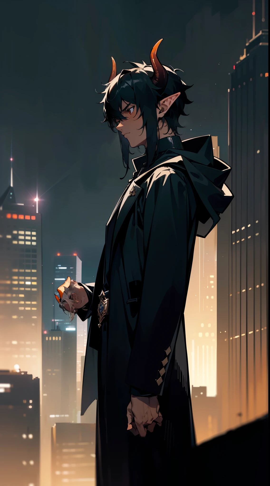Masterpiece,best quality,hd,4k,waist-up view,close-up(1boy,20 years old,mature male),solo,((dark skin)),((black overcoat,hooded,)),Short hair,black hair,elf ear,(horns),(night,night city,skyscraper, city lights),from side,(serious face)