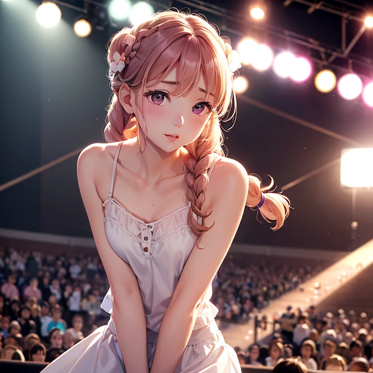 During a big concert, idol (soft attractive beautiful, Delicate clavicle, oval face, Double eyelids, intelligent peach blossom eyes, Pink lips, small nose), unforeseen incident. Surprisingly, Aiko Tanaka (a simple girl with braided hair), who had stepped aside to respect the idol's limits, courageously intervened to resolve the situation.