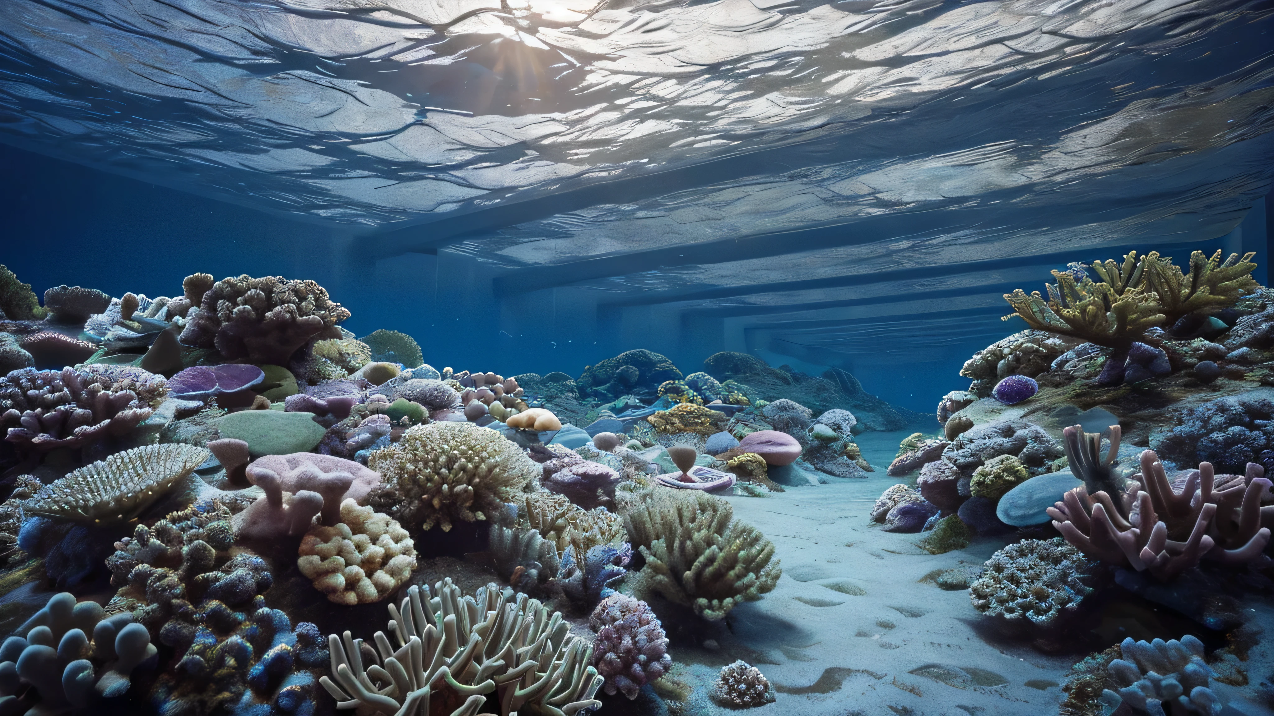 create a realistic 8k image of a seabed with tropical fish in a deep seabed that creates a bit of anguish