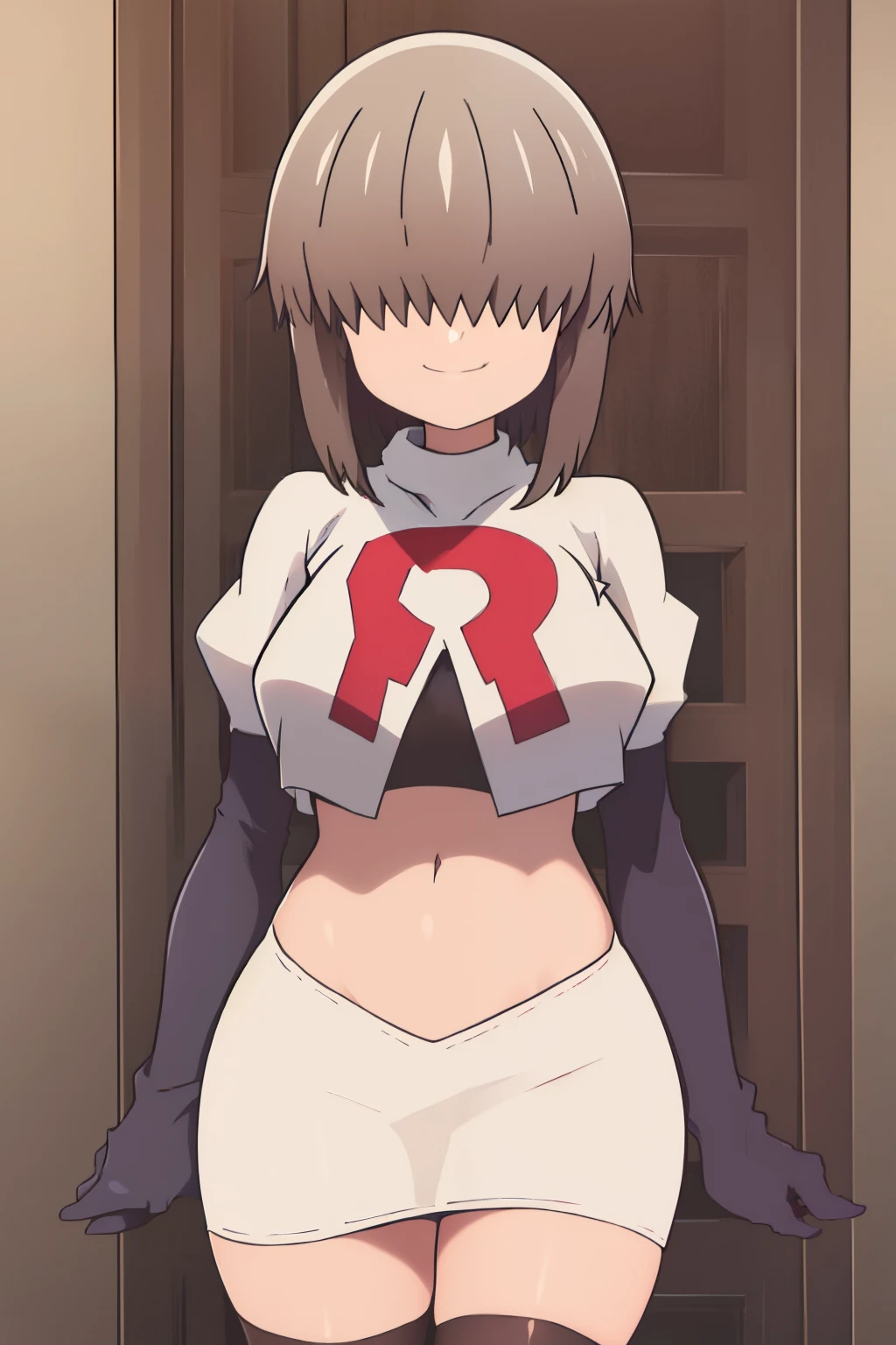 1girl, solo, smile, yanagi, short hair, bangs, shirt, grey hair, hair over eyes, side lock, long bangs, covered eyes, cowboy shot, large breasts, looking at viewer, team rocket,team rocket uniform,white skirt,crop top,black thigh-highs,black elbow gloves,