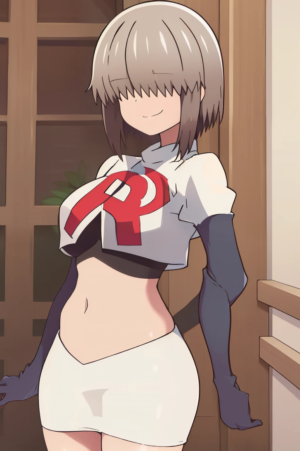 1girl, solo, smile, yanagi, short hair, bangs, shirt, grey hair, hair over eyes, side lock, long bangs, covered eyes, cowboy shot, large breasts, looking at viewer, team rocket,team rocket uniform,white skirt,crop top,black thigh-highs,black elbow gloves,