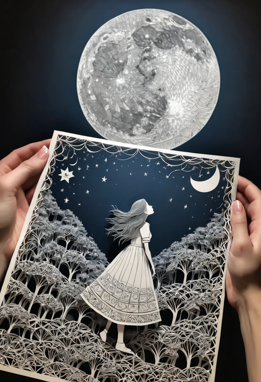 optical illusion, a girl in the distance, it seems that she is holding the moon in her hands, distant shot and close shot, optical illusion, zentangle, origami, cinematic,