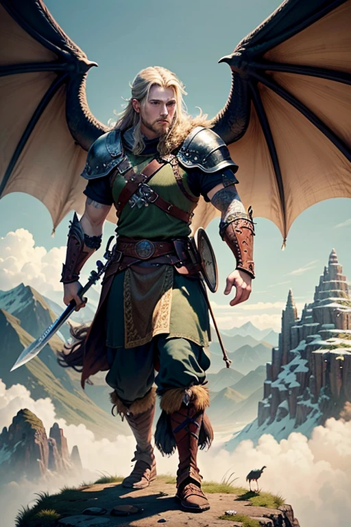 A young Viking warrior and a dragon. mountain observing the enemy terrain, The 18 year old boy is holding a sword and the oversized dragon with wings is behind him., detalles intrincados, Fantasy Art, Asombroso, arte premiado.