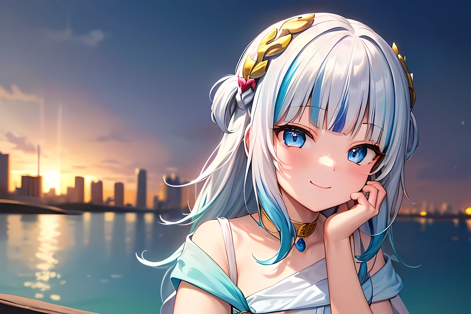 ((4k,masterpiece,best quality,ultra detailed eyes,ultra detailed image,cinematic light,ray tracing)),1girl, solo(cute,kawaii,lolii:1.4),((gawr gura,gura_atlantis,gradient dress,laurel crown)),outdoors,cityscape,(citylight:1.2),sunrise,seas,(smile:1.2),(((kawaii pose))),upper body