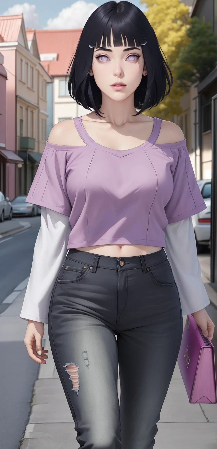 { - anatomy error}(Masterpiece - Ultra-detailed, very high resolution) , absurdos, Hinata\(Boruto\), 1girl, sozinho,Mature female, Capuz roxo,mangas em camadas, jeans, ao ar livre, Cloudy sky, perfect composition, circunstanciado lips, peito grande, beautiful face, body propotion, corar, (pink lips), cabelos pretos curto (black hair), lilac eyes, olhar suave, super realistic, circunstanciado, Photo Session, rosto e corpo realistas, Realistic hair, olhos realistas, nariz realista, realistic lips, anime, walking with lilac shoes.