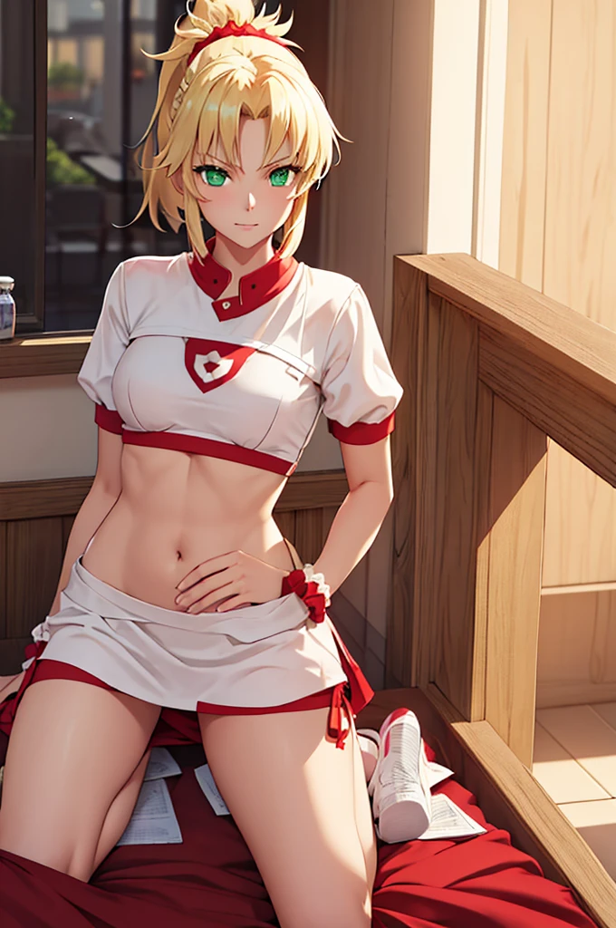 1 girl, fgomordred, modred, (green eyes:1.5), blonde hair, ponytail, short hair, scrunchie, red scrunchie, hair scrunchie, (small chest:1.2), BREAK blonde hair, white nurse,nurse, stading, BREAK looking at viewer, BREAK bedroom, BREAK (masterpiece:1.2), best quality, high resolution , unity 8k wallpaper, (artwork: 0.8), (beautiful detailed eyes: 1.6), extremely detailed face, perfect lighting, extremely detailed CG (perfect hands, perfect anatomy),nurse