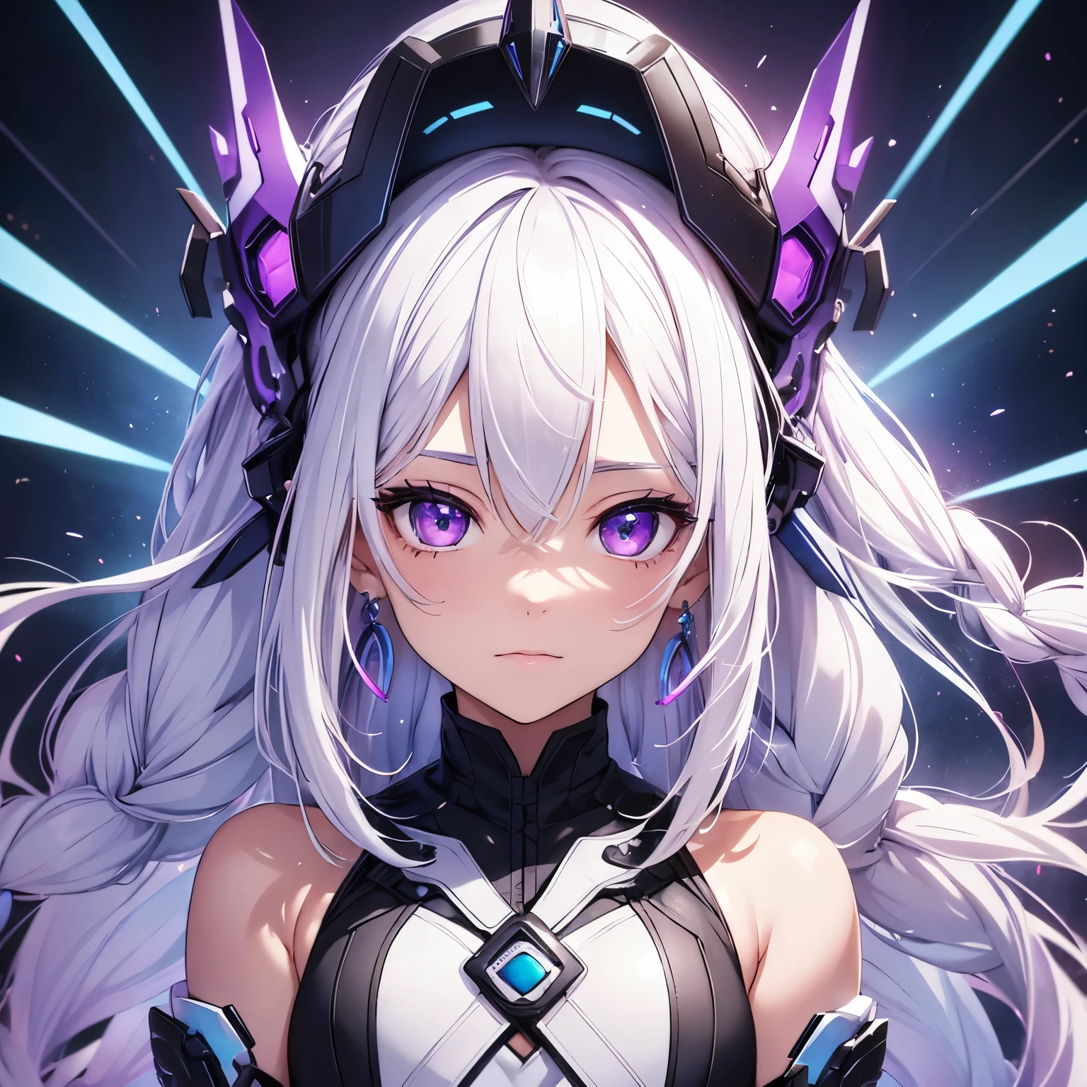 1girl, white hair, side_braid long wavy hair, multi colored hair, purple eyes, blue earrings, forehead shown, no bang hair, mask on head, sidelighting, light particles, wallpaper,