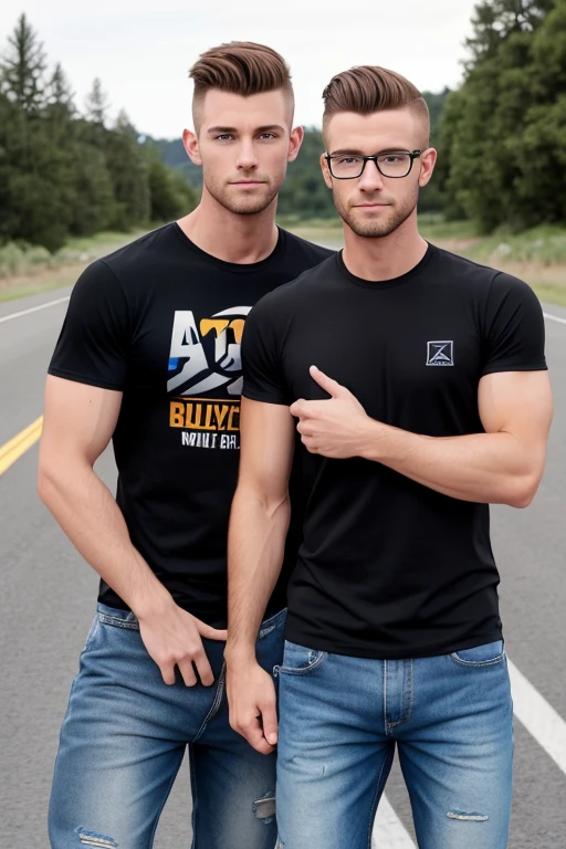 2 men, photorealistic, full view. A 25 year old, tall, handsome, muscular, Caucasian man, with short, crew-cut, reddish brown hair with shaved sides, and blue eyes, and stubble, wearing a sleeveless, open, grey flannel shirt, ripped jeans, and brown hiking boots, and an 18 year-old, thin, Caucasian man with fade-cut blond hair, and blue eyes, wearing glasses, a black T-shirt with a gaming logo, khaki shorts, and blue and black sneakers. They are standing by a big rig truck, holding each other, kissing, and hugging, at a highway truck stop, at sunset.  Huge bulges, masculine, sexy, love, NSFW.