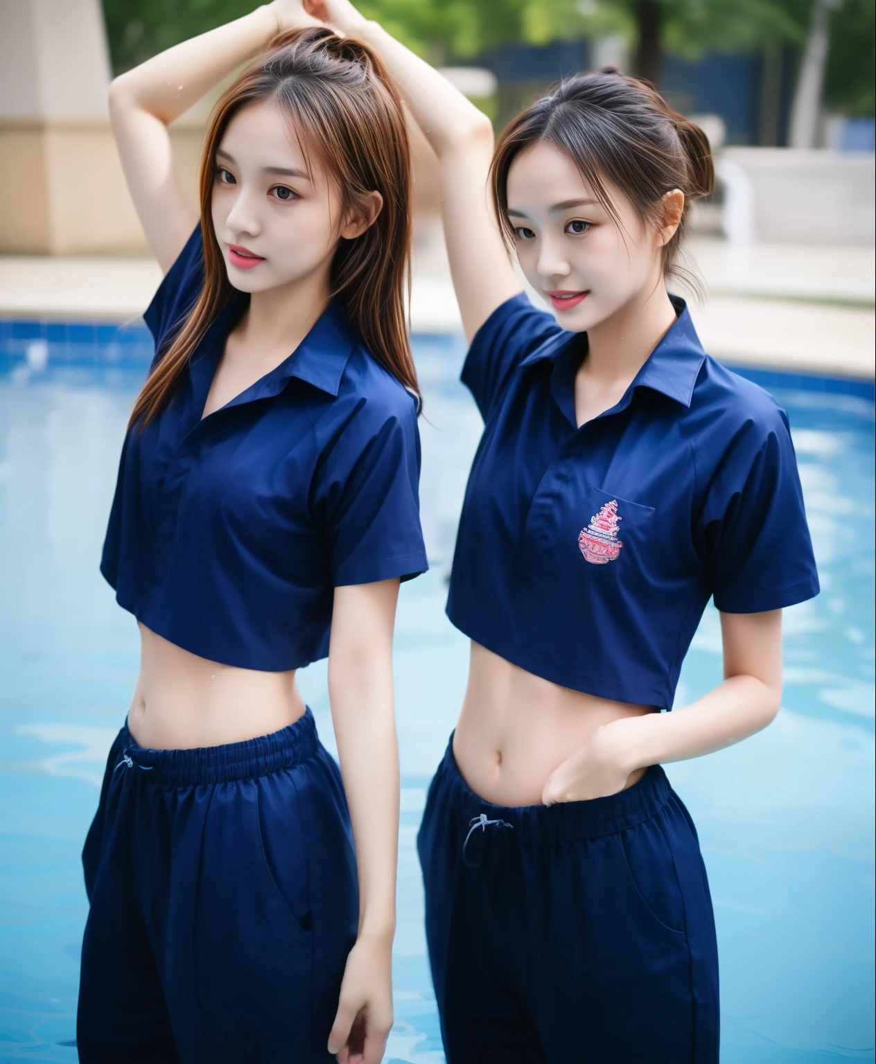 2 girls in the swimming pool, Navy blue short-sleeved shirt,Navy Long Trackpant,Sweatpants, Sweatpantsขายาว,25 year old girl, lesbian, sexy, exercise clothes, wet body