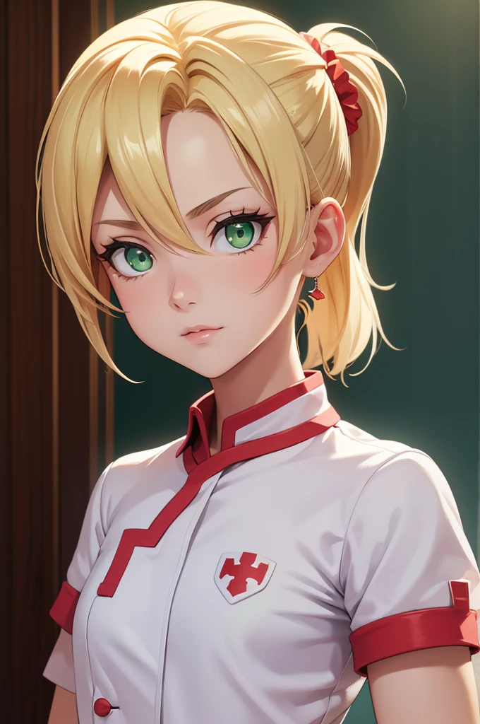 1 girl, fgomordred, modred, (green eyes:1.5), blonde hair, ponytail, short hair, scrunchie, red scrunchie, hair scrunchie, (small chest:1.2), BREAK blonde hair, white nurse,nurse, stading, BREAK looking at viewer, BREAK bedroom, BREAK (masterpiece:1.2), best quality, high resolution , unity 8k wallpaper, (artwork: 0.8), (beautiful detailed eyes: 1.6), extremely detailed face, perfect lighting, extremely detailed CG (perfect hands, perfect anatomy),nurse