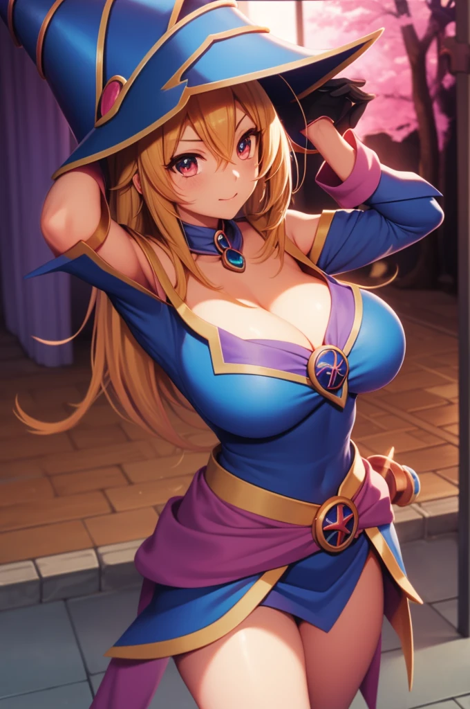 huge tit，cleavage，Anime girl with a sword and hat on her head, Black Magician Girl, beautiful dark magician girl, female mage!, dark magician girl from yu-gi-oh, pretty sorceress, flirty anime witch casting magic, hero 2 d fanart artsation, mighty plump female sorceress, Mage, sorceress woman, half invoker half megumin