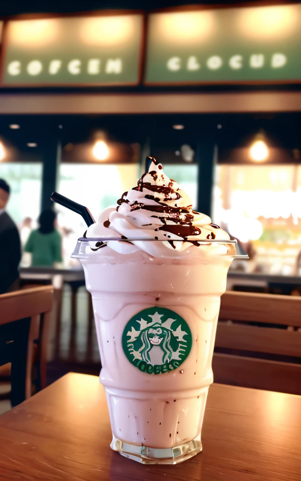 POV photo of amazing mochaccino milkshake with chocolate syrup. Busy starbucks dinner interior background, background person々, Starbucks logo on the glass, Cinestill 800T