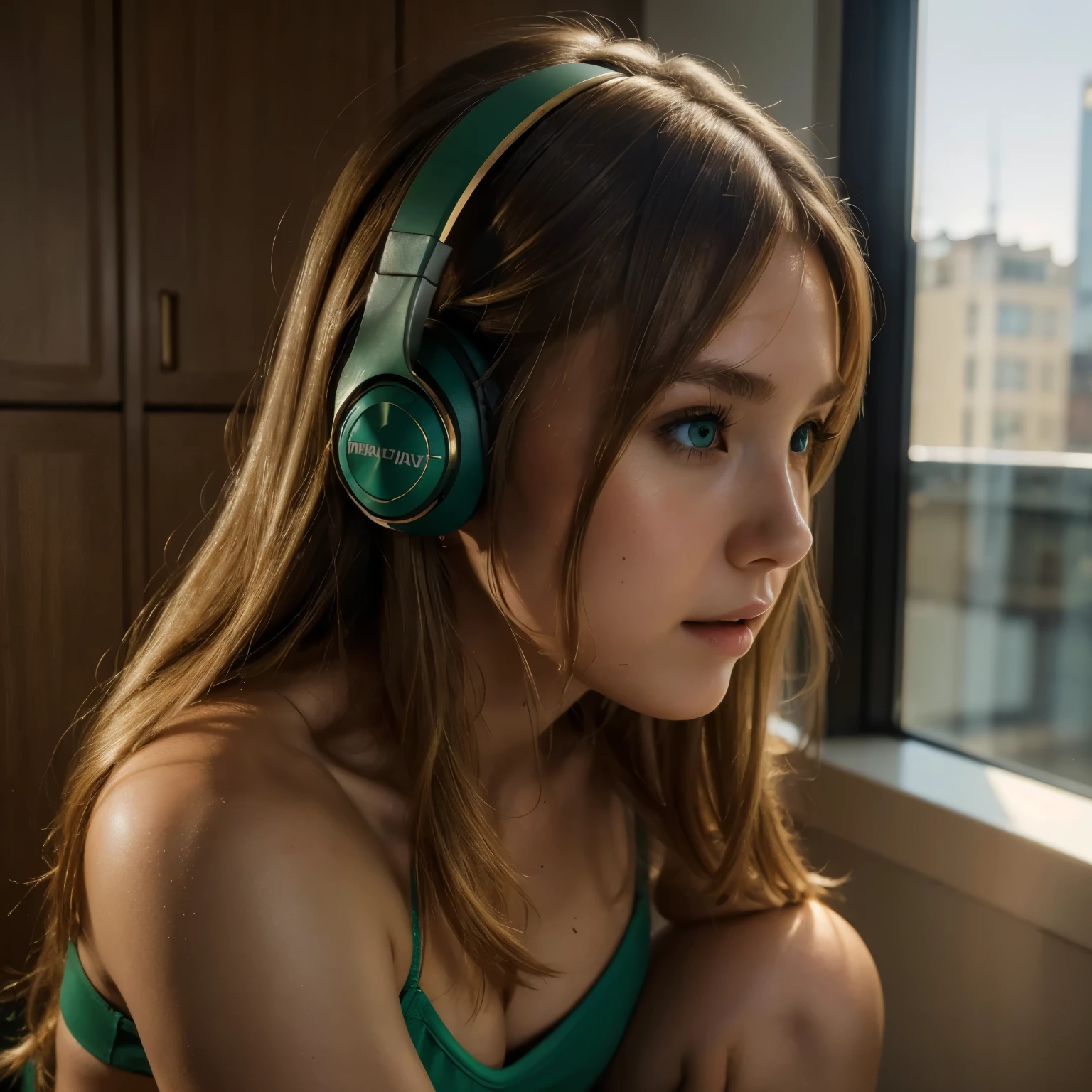 (masterpiece), (best quality, highres, highly-detailed, illustration), 1girl, solo, city, contemporary, profile picture closeup, blonde beige long hair, green eyes, beautiful detailed eyes, squatting, headphones, 8k, trending on ArtStation, featured on Pixiv