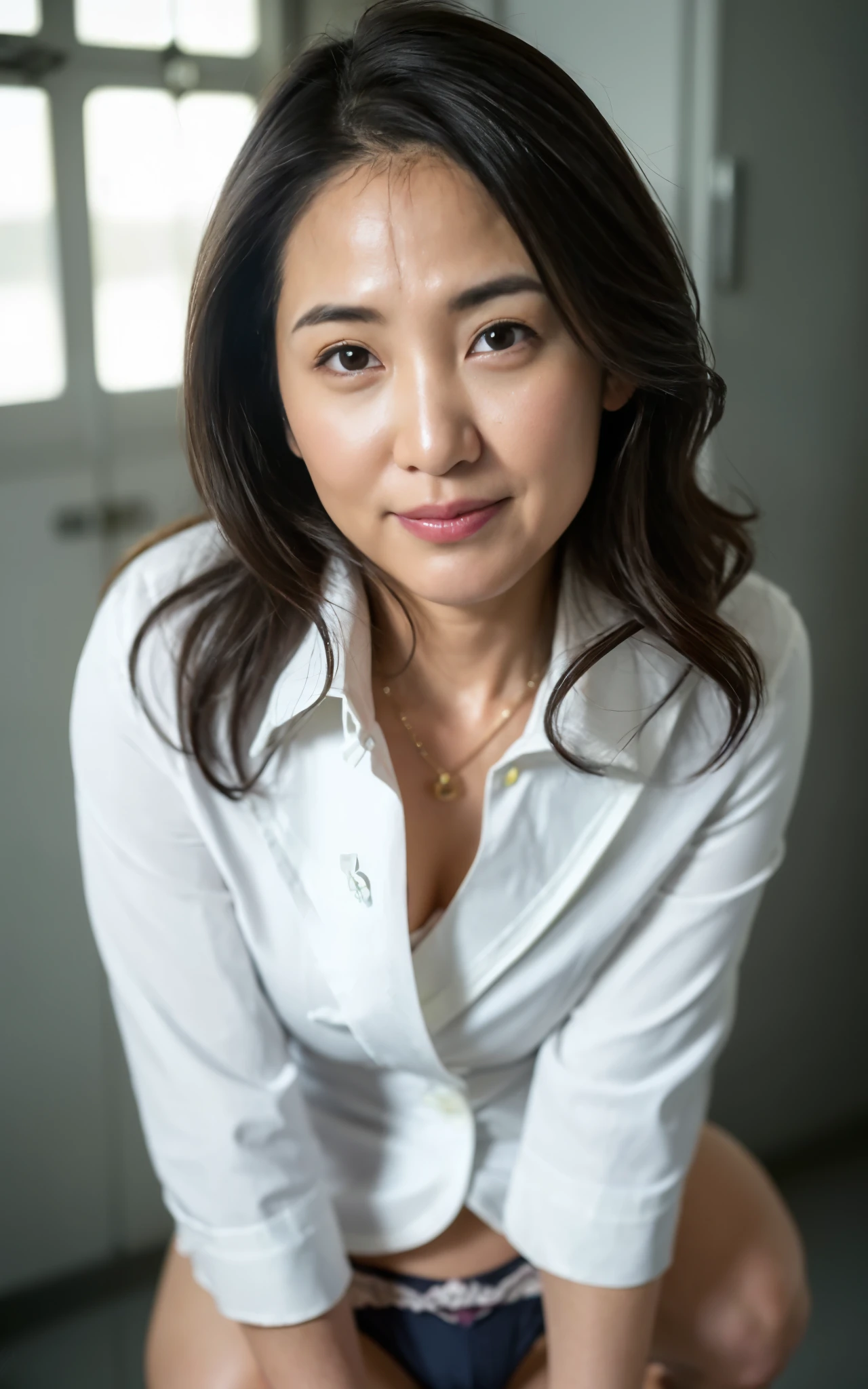 ((Best Quality, 8k, Masterpiece: 1.3)), (close up:0.75), Photorealistic, Sharp Focus, High Quality, High Definition, Portrait, Portrait, 1 Japan Beautiful Person, Middle Aged Woman, Business Suit, 43 Years Old, Plump, (wearing blazer and white shirt and mini skirt), ((Light from slits of locker)), Smile, Wavy Hair, Wrinkles at the corners of the eyes, ((Show Pubic and Panties:1.5)), have a crumpled tissue, Squatting, Office, Dark Locker,