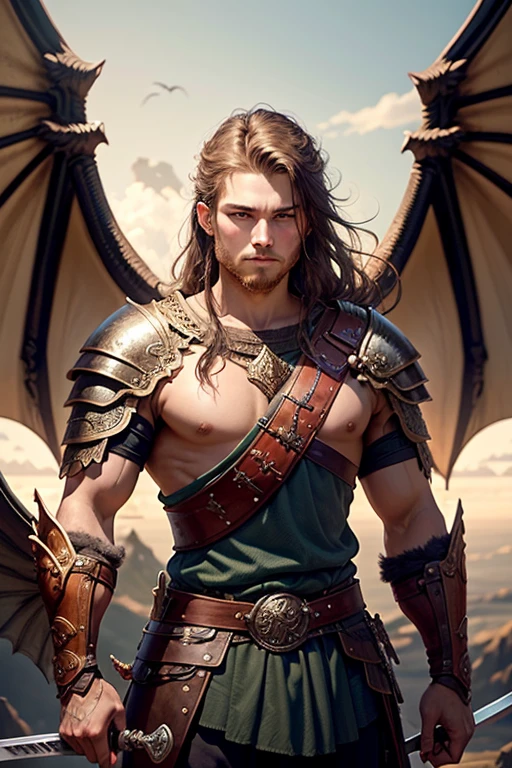 Young 18 year old Viking warrior holds a sword and the large size dragon with wings is behind him., detalles intrincados, Fantasy Art, Asombroso, arte premiado.