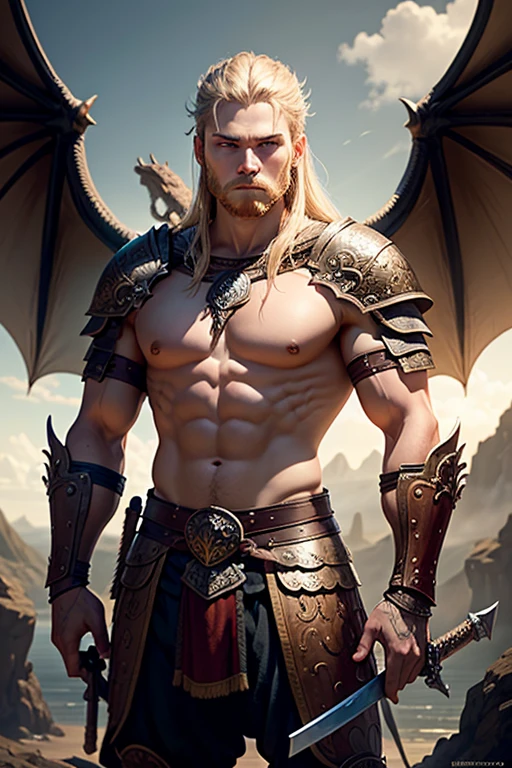 Young 18 year old Viking warrior holds a sword and the large size dragon with wings is behind him., detalles intrincados, Fantasy Art, Asombroso, arte premiado.