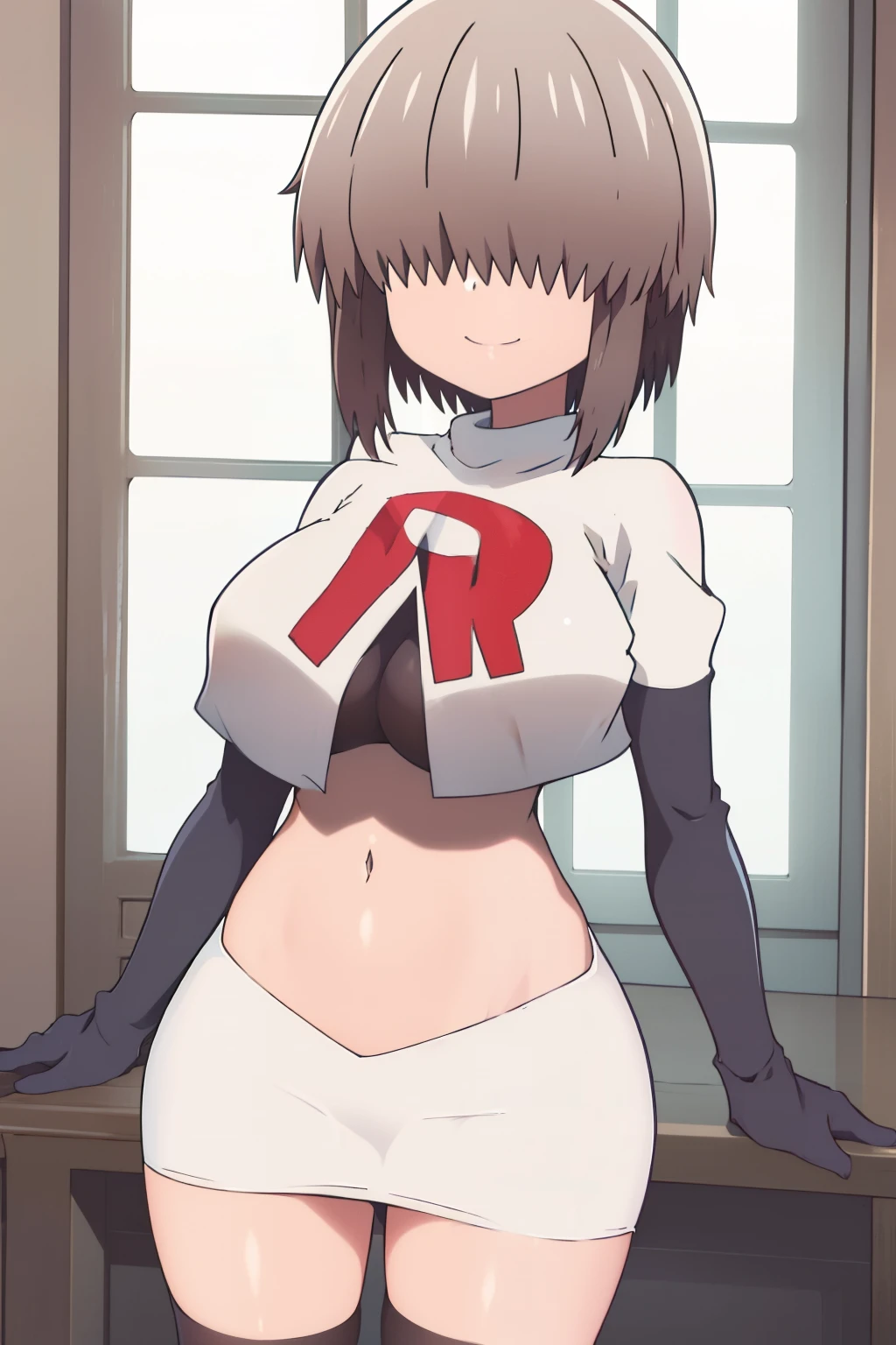 1girl, solo, smile, yanagi, short hair, bangs, shirt, grey hair, hair over eyes, long bangs, covered eyes, cowboy shot, large breasts, looking at viewer, team rocket,team rocket uniform,white skirt,crop top,black thigh-highs,black elbow gloves,