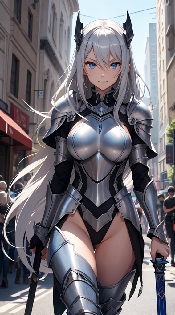 Female knight, leotard armor, long silver hair, blue eyes, smiling, walking in the crowded city, holding a weapon in hand, huge bust