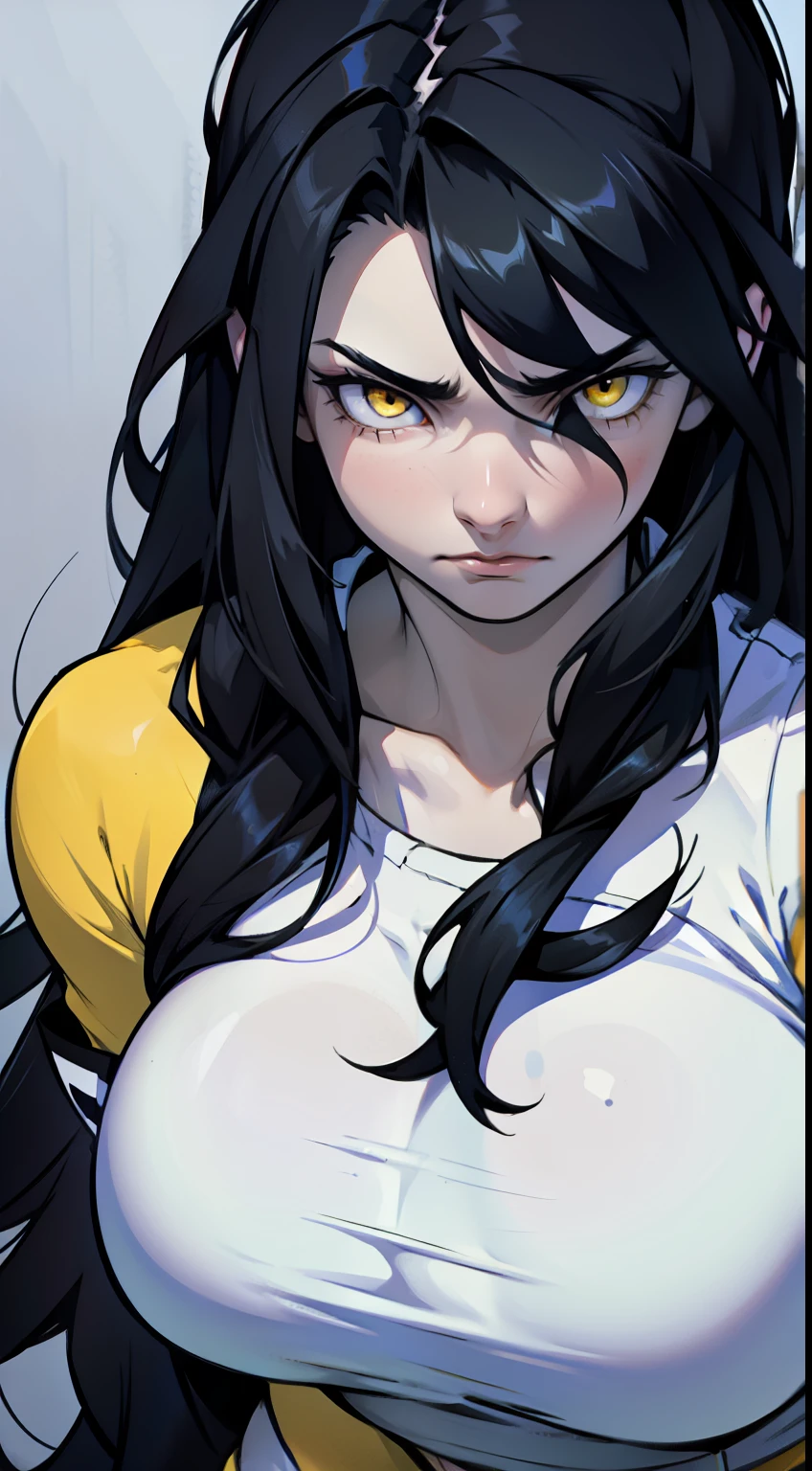 sad pale muscular girl massive breasts hair black hair yellow eyes extremely long hair sad