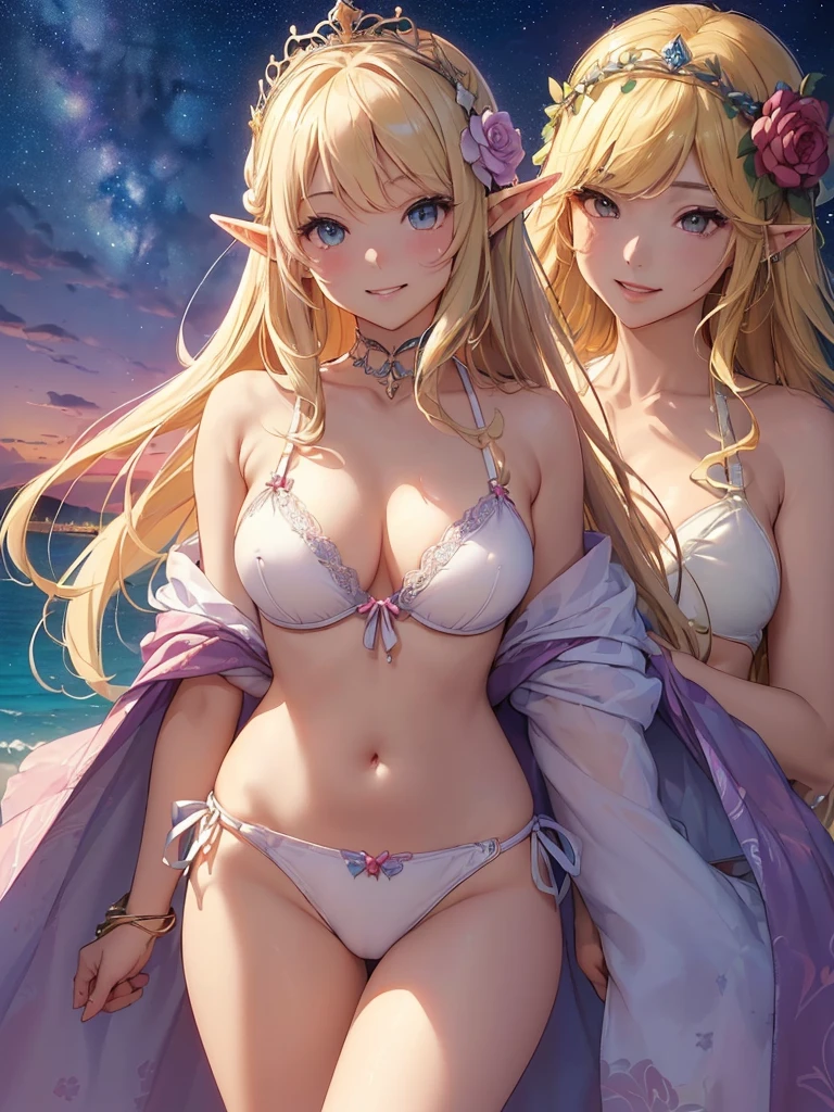 highest quality、Highest image quality、masterpiece、Super beautiful elf beauty((22 years old OL big bust、Bust 98,beautiful long ironed hair、blonde、elf ears、rose flower tiara、bikini、nice buddy、slender、Close-up、Esbian、High quality、beautiful art、background starry sky、beautiful sky、beautiful sea、Hawaii、summer、muste piece、visual art、Depth of bounds written、magic hour、magic of light、space knight、A happy smile、gentle light、、Beautiful legs that are gentle on the skin、、、Number of fingers to achieve precise finger movements、ticker beautiful decorative、elegant、mystical rosa、、renaissance art、friendly smile、、separate swimwear、bra、panties、UHD、romance、Romantic、ラブromance💕セクシーな唇🫦