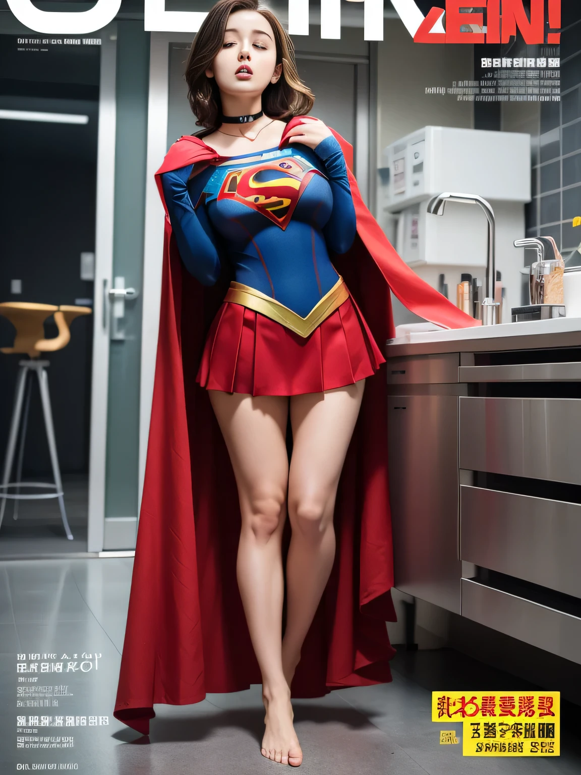 highest quality、masterpiece,Short-haired Supergirl sleeping in the operating room、plump breasts、look at the camera、choker、barefoot、magazine cover、High leg、red mini skirt、Tight costumes、Puzzled、wide open legs、obscene、Show me a glimpse、Fluttering cloak、long sleeve