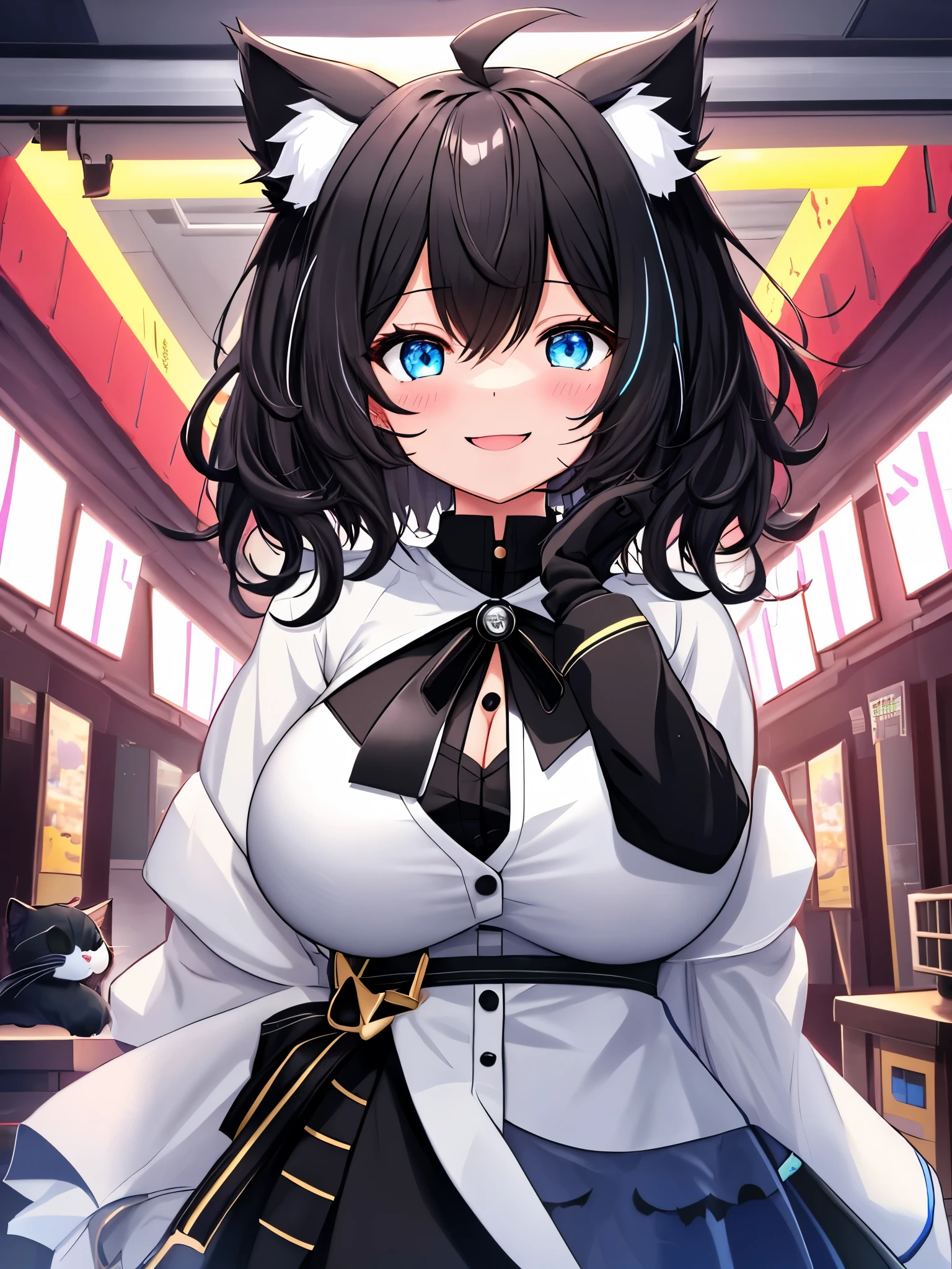 , looking at the viewer, walk around town、1 girl, open your mouth, smile, Virtual YouTuber、with a girl、((highest quality, expensive_solve, clear_image)),(black hair), (black cat ears), (Ahoge), (ridiculously short hair), (wavy hair), (blue eyes),、laughter、very big breasts、private server