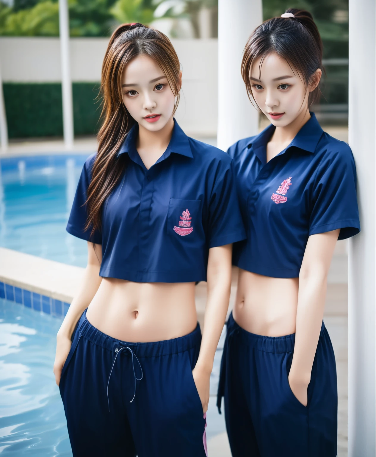 2 girls in the swimming pool, Navy blue short-sleeved shirt,Navy Long Trackpant,Sweatpants, Sweatpantsขายาว,25 year old girl, lesbian, sexy, exercise clothes, wet body