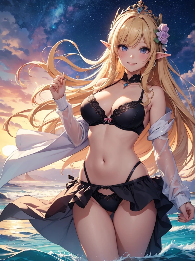 highest quality、Highest image quality、masterpiece、Super beautiful elf beauty((22 years old OL big bust、Bust 98,beautiful long ironed hair、blonde、elf ears、rose flower tiara、bikini、nice buddy、slender、Close-up、Esbian、High quality、beautiful art、background starry sky、sunset、beautiful sky、beautiful sea、Hawaii、summer、muste piece、visual art、Depth of bounds written、magic hour、magic of light、space knight、A happy smile、gentle light、、Beautiful legs that are gentle on the skin、、、Number of fingers to achieve precise finger movements、ticker beautiful decorative、elegant、mystical　rosa、　 beautiful dressy、、、renaissance art、friendly smile、、separate swimwear、bra、panties、UHD、romance、Romantic、ラブromance💕セクシーな唇🫦