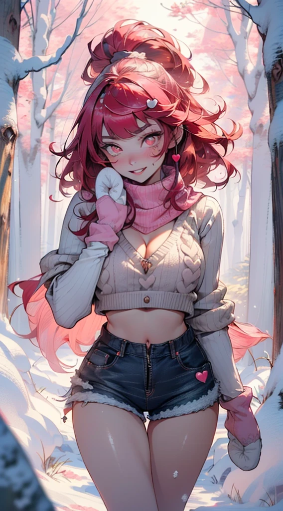 explorer girl,1girl,((extremely cute and beautiful red haired explorer girl)),(((18 years old))),(large breasts:1.4),((((red hair:1.35,absurdly long unkempt hair,ponytail red hair,bangs,colored inner hair,ear breathing)))),(((red_eyes:1.3))),intricate eyes,beautiful detailed eyes,symmetrical eyes,((((lustrous skin:1.5,tanned skin,bright skin:1.5,skin tanned,shiny skin,very shiny skin,shiny body)))),(spider lower abdomen,narrow waist,wide hip,athletic body,inflated legs,thick thighs,detailed body,(detailed face)),((heart pupils:1.5,heart:1.3,hearts:1.3,heart marks:1.3)),(ahegao face:1.5),

cute,slutty,seductive,erotic,(nsfw),

((large white socks:1.5,socks texture must be natural)),((deep V sweater:1.5)),((no bottoms)),((white mittens:1.5,white scarf:1.5),((navel)),((shorts,short shorts,denim shorts)),(((unzipped, open fly))),

(dynamic pose:1.0),embarrassed,(centered,scale to fit dimensions,Rule of thirds),

((snowy pink cherry forest:1.5,pink theme forest:1.5)),winter,scenery:1.25,((intricate scenery)),((snow forest background)),Christmas tree,

(Glossy winter ornaments),highres,sharp focus,(ultra detailed,extremely detailed),(photorealistic artwork:1.37),(extremely detailed CG unity 8k wallpaper),(((vibrant colors,vibrant theme))),(intricate),(masterpiece),(best quality),
