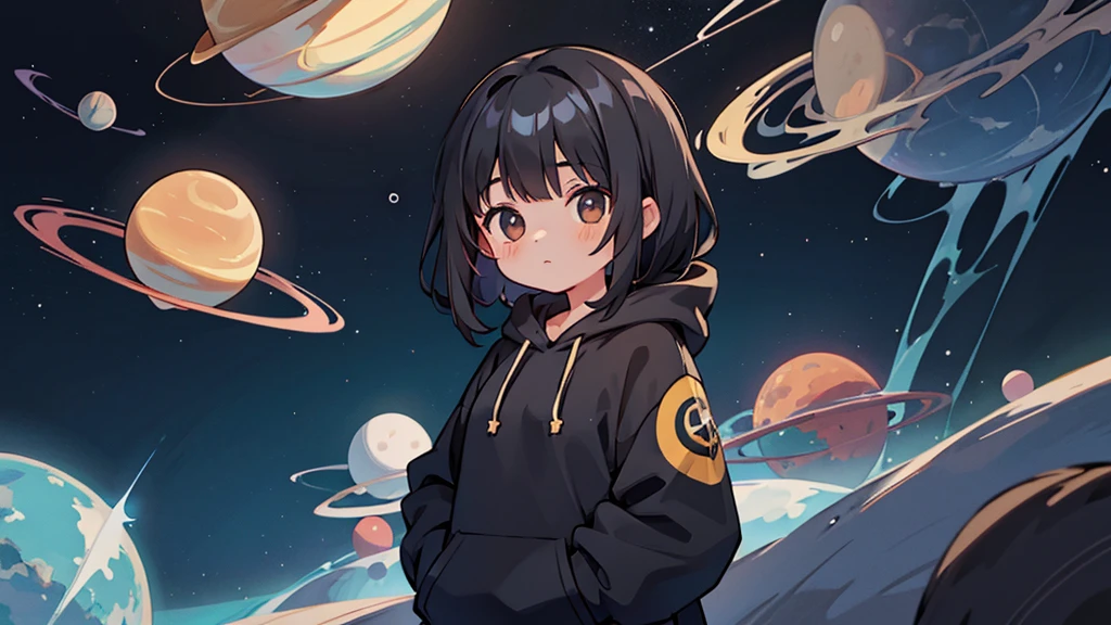 (1 girl, black hair, black hoodie), (universe, various planets)